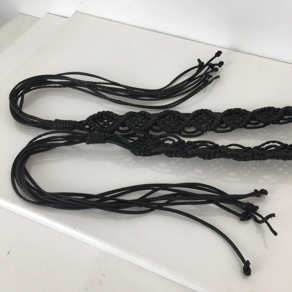 Vintage Black Leather Macrame Woven Belt Boho Fringe